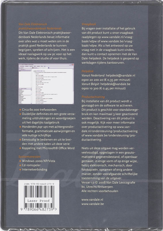 Achterkant van Van Dale Electronisch praktijkwoordenboek Nederlands