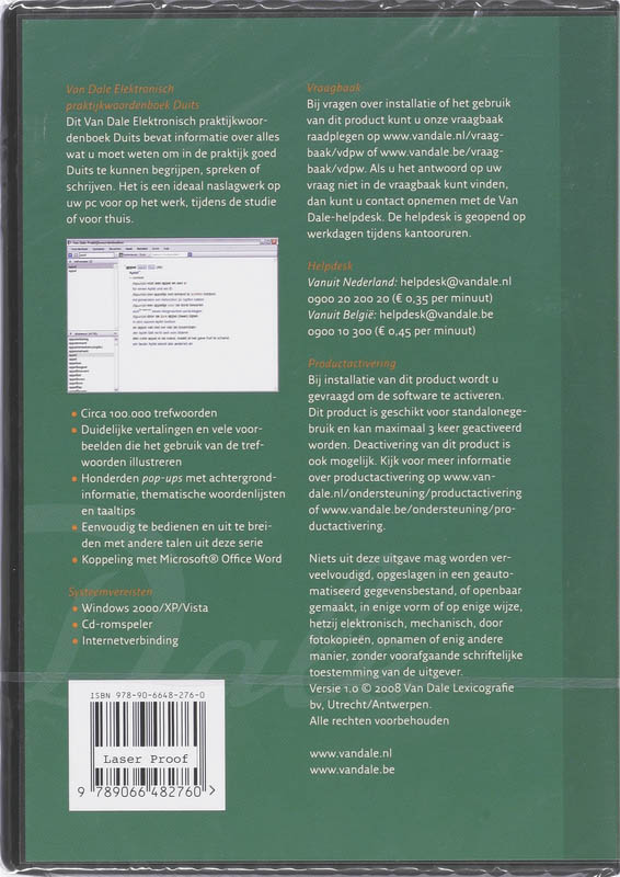 Achterkant van Van Dale Electronisch praktijkwoordenboek Duits