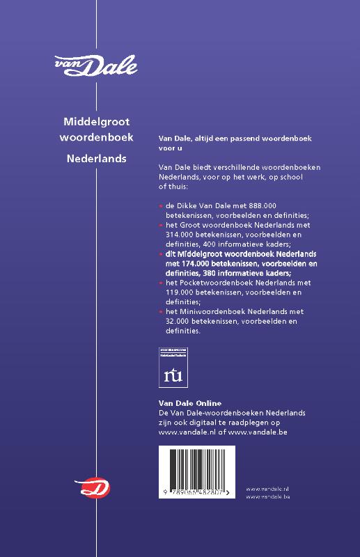 Achterkant van Van Dale Middelgroot woordenboek Nederlands