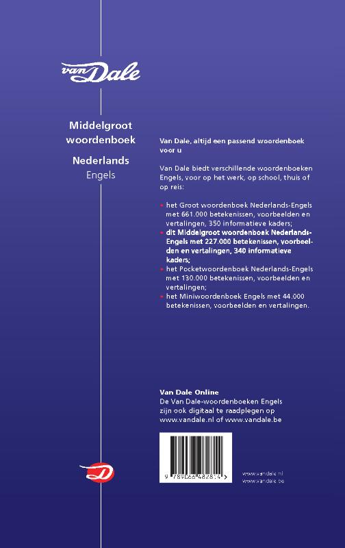 Achterkant van Van Dale Middelgroot woordenboek Nederlands-Engels