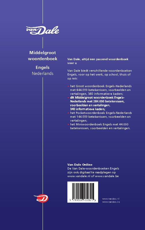 Achterkant van Van Dale Middelgroot woordenboek Engels-Nederlands