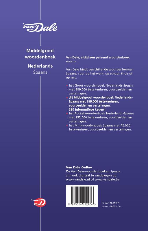 Achterkant van Van Dale Middelgroot woordenboek Nederlands-Spaans
