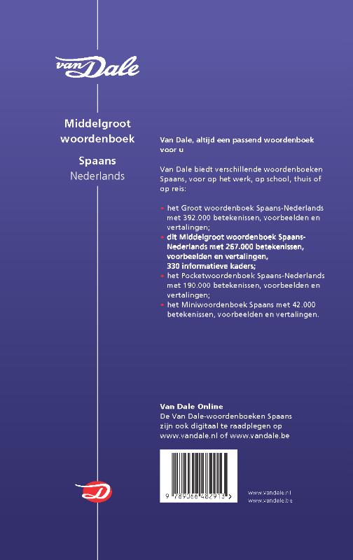 Achterkant van Van Dale Middelgroot woordenboek Spaans-Nederlands