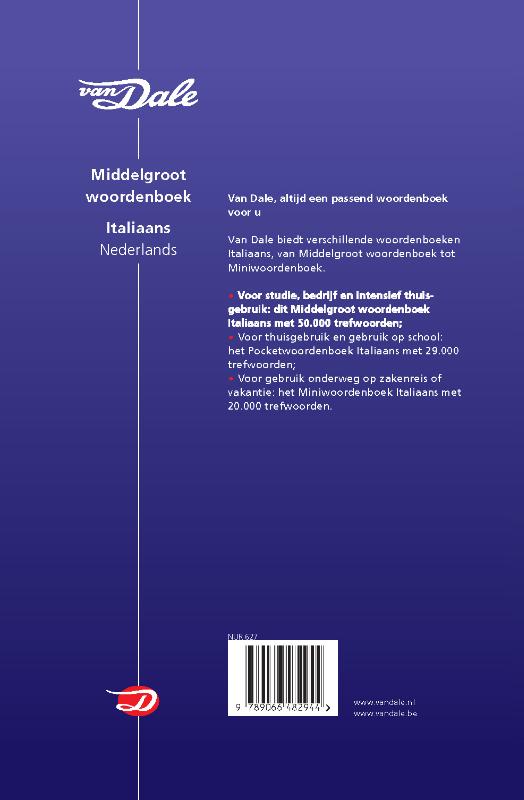 Achterkant van Van Dale Middelgroot woordenboek Italiaans-Nederlands