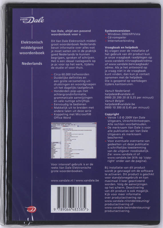 Achterkant van Van Dale Elektronisch middelgroot woordenboek Nederlands
