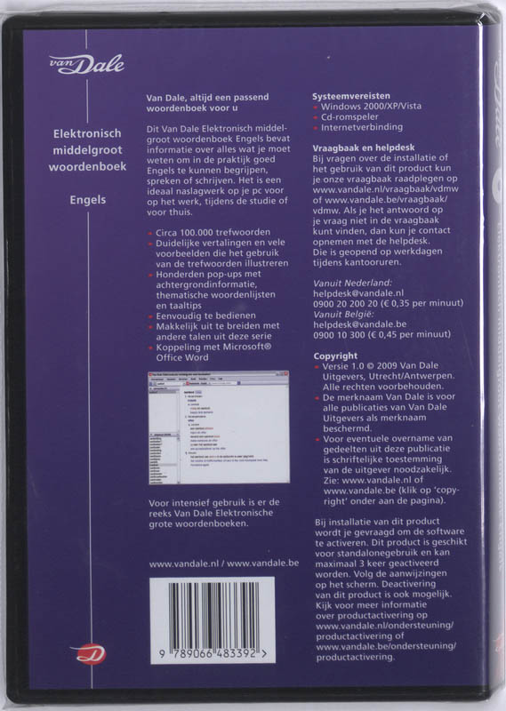 Achterkant van Van Dale Elektronisch middelgroot woordenboek Engels