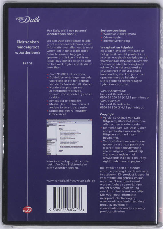 Achterkant van Van Dale Elektronisch middelgroot woordenboek Frans