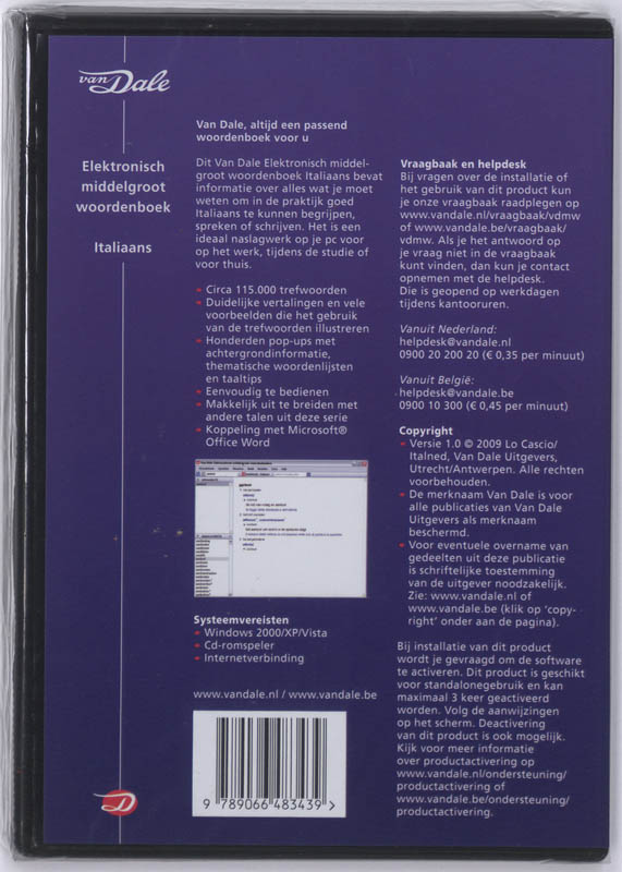 Achterkant van Van Dale Elektronisch middelgroot woordenboek Italiaans