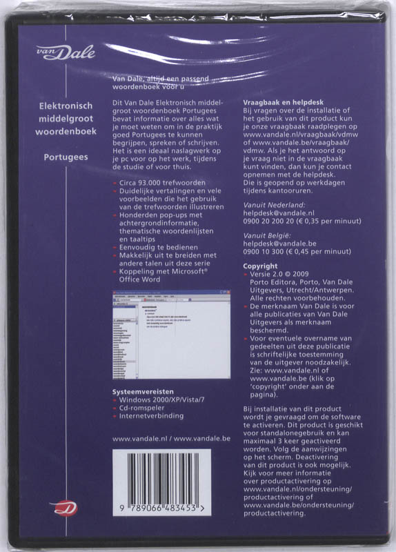 Achterkant van Van Dale Elektronisch Middelgroot woordenboek Portugees