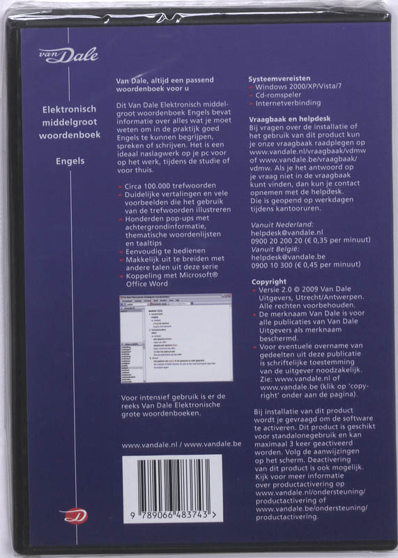 Achterkant van Van Dale Elektronisch middelgroot woordenboek Engels