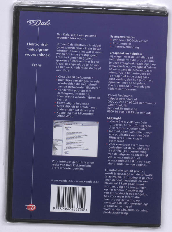 Achterkant van Van Dale Elektronisch middelgroot woordenboek Frans