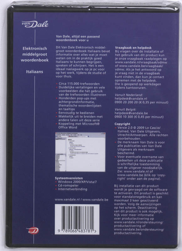 Achterkant van Van Dale Elektronisch middelgroot woordenboek Italiaans