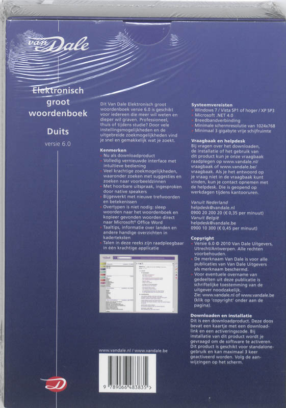 Achterkant van Van Dale Elektronisch groot woordenboek Duits