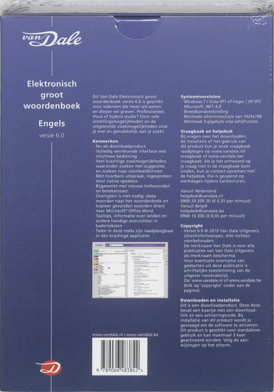 Achterkant van Van Dale Elektronisch groot woordenboek Engels