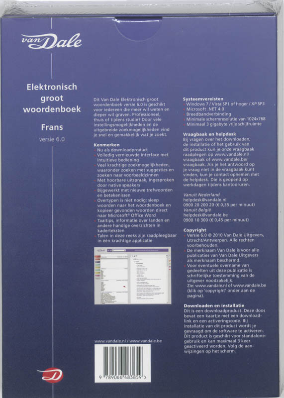 Achterkant van Van Dale Elektronisch groot woordenboek Frans