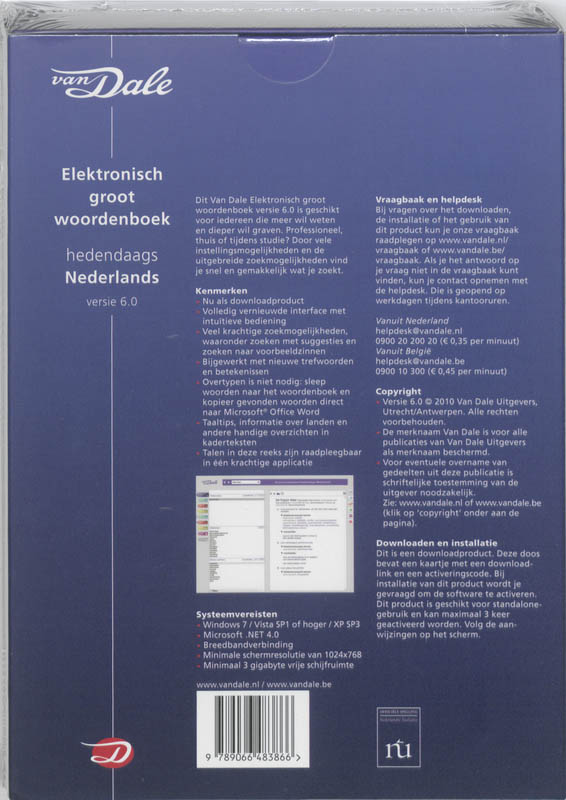 Achterkant van Van Dale Elektronisch groot woordenboek Nederlands