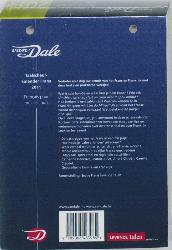 Achterkant van Van Dale Taalscheurkalender Frans 2011