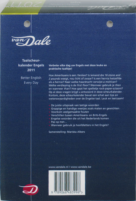 Achterkant van Van Dale Taalscheurkalender Engels 2011