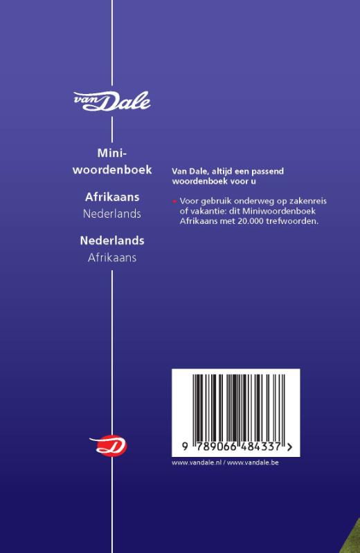 Achterkant van Van Dale Miniwoordenboek Afrikaans