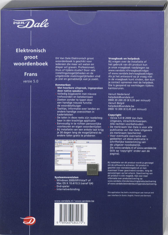 Achterkant van Van Dale Elektronisch groot woordenboek Frans 5.0