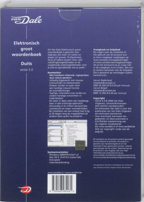 Achterkant van Van Dale Elektronisch groot woordenboek Duits 5.0