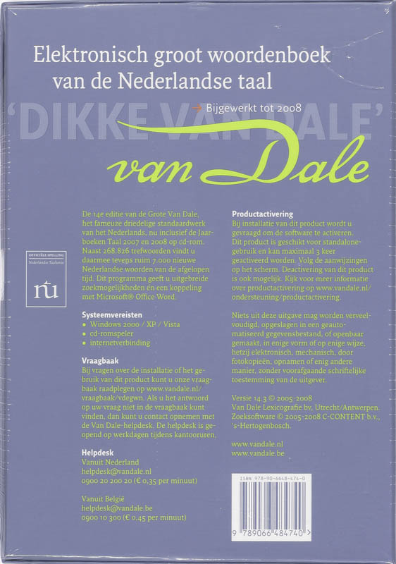Achterkant van Van Dale Elektronisch groot woordenboek van de Nederlandse Taal