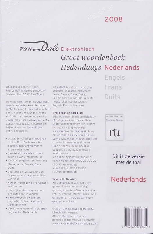 Achterkant van Van Dale Elektronisch Groot woordenboek Hedendaags Nederlands
