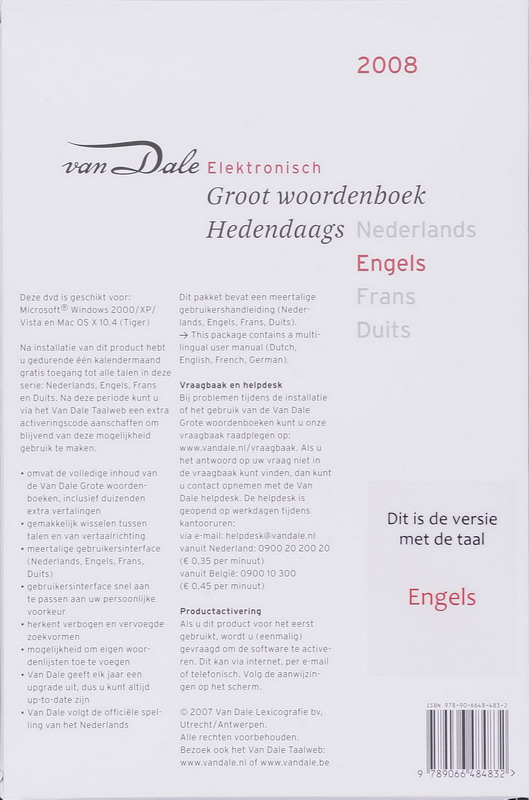 Achterkant van Van Dale Elektronisch Groot woordenboek hedendaags Engels