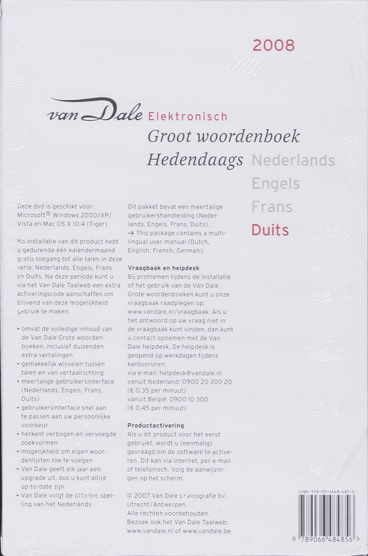 Achterkant van Van Dale Groot Elektronisch groot woordenboek Hedendaags Duits