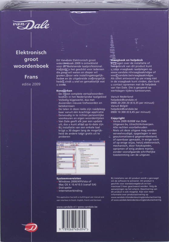 Achterkant van Van Dale elektronisch groot woordenboek Frans 2009