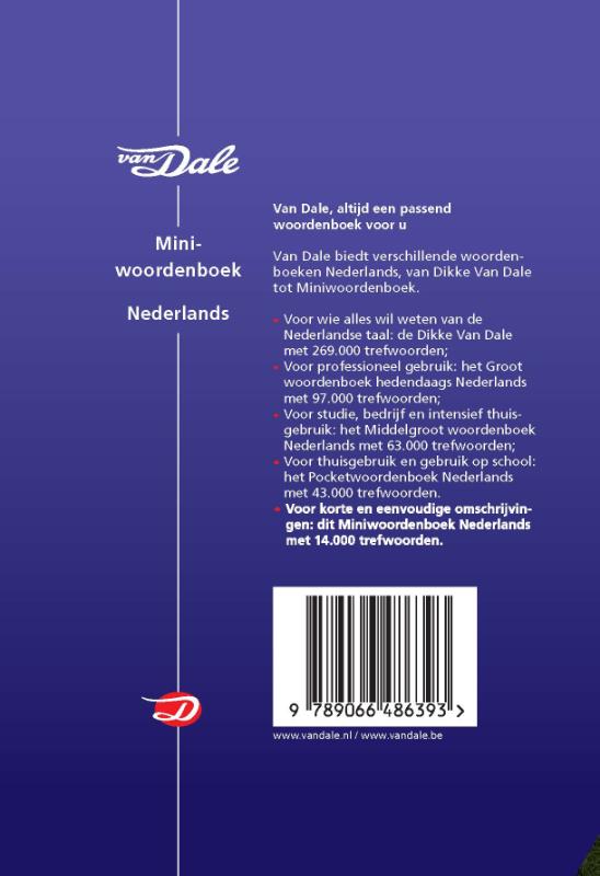 Achterkant van Van Dale Miniwoordenboek Nederlands