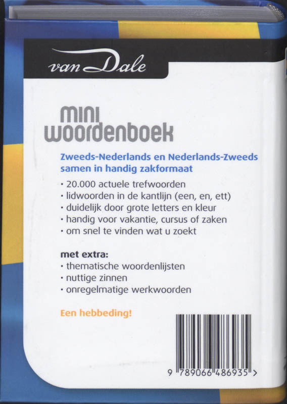 Achterkant van Van Dale Miniwoordenboek Zweeds