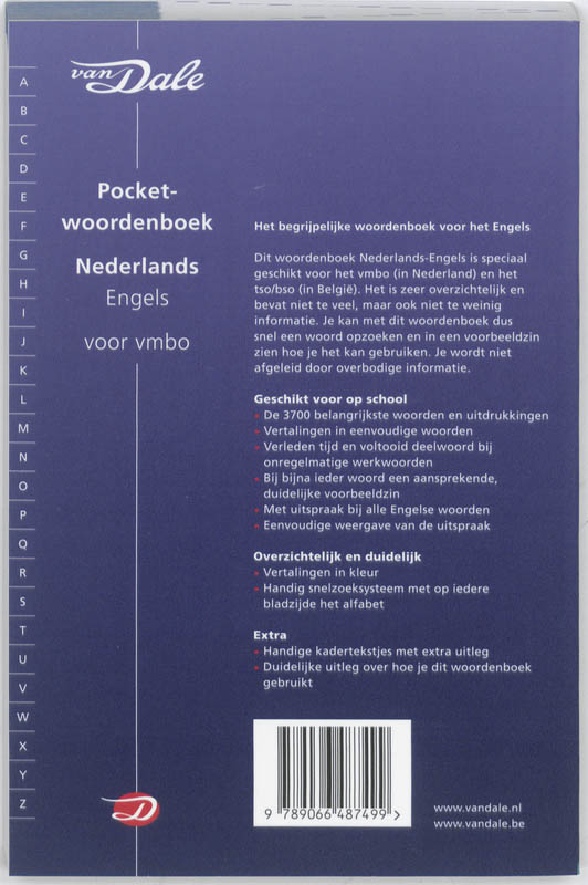 Achterkant van Van Dale Pocketwoordenboek Nederlands-Engels voor vmbo