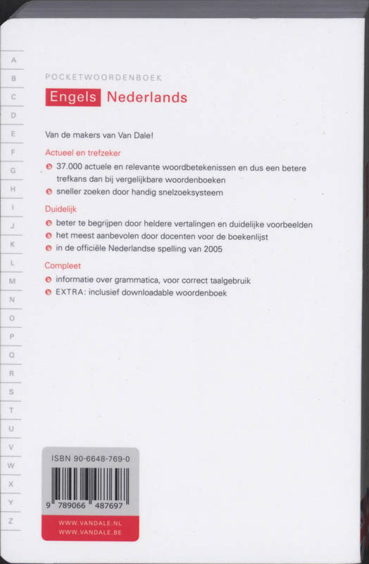 Achterkant van Van dale pocketwoordenboek Engels-Nederlands