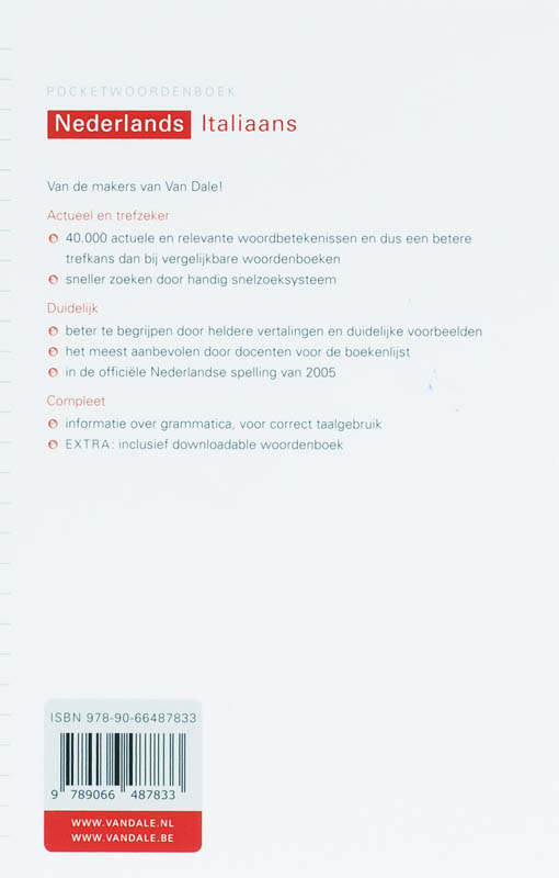 Achterkant van Van Dale Pocketwoordenboek Nederlands-Italiaans