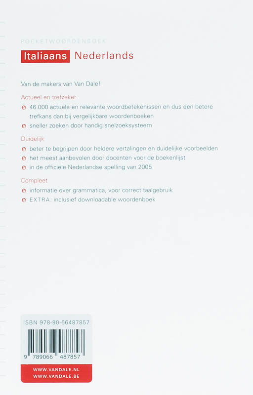 Achterkant van Van Dale Pocketwoordenboek Italiaans-Nederlands