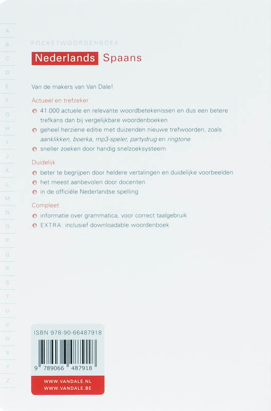 Achterkant van Van Dale Pocketwoordenboek Nederlands-Spaans