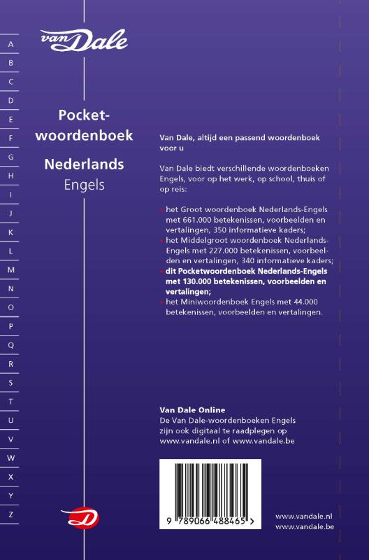 Achterkant van Van Dale Pocketwoordenboek Nederlands-Engels