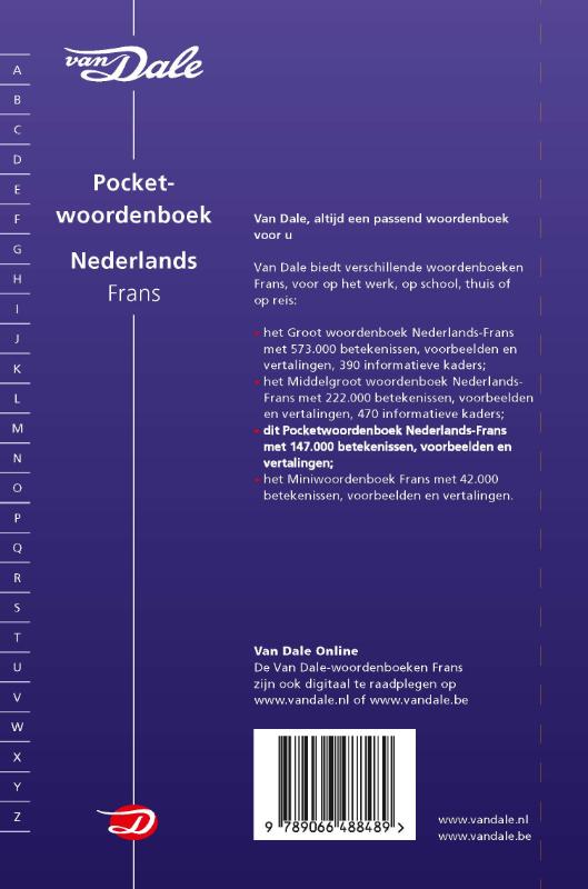 Achterkant van Van Dale Pocketwoordenboek Nederlands-Frans