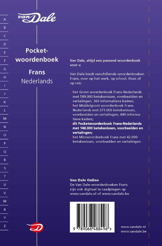 Achterkant van Van Dale Pocketwoordenboek Frans-Nederlands