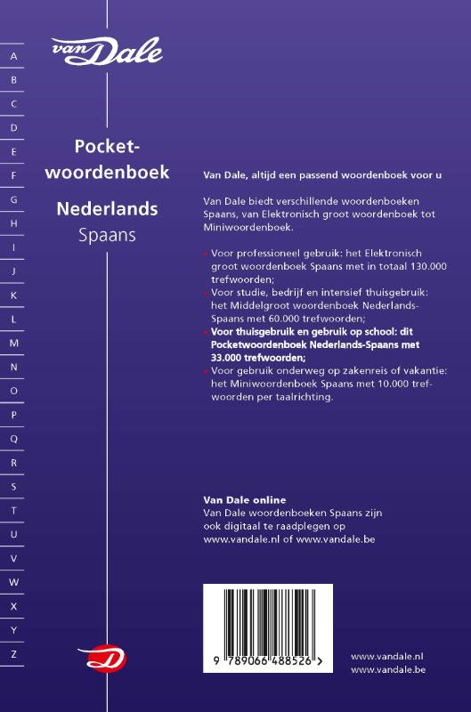 Achterkant van Van Dale Pocketwoordenboek Nederlands-Spaans