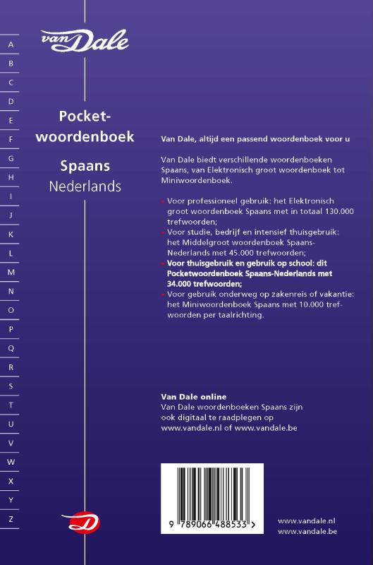 Achterkant van Van Dale Pocketwoordenboek Spaans-Nederlands