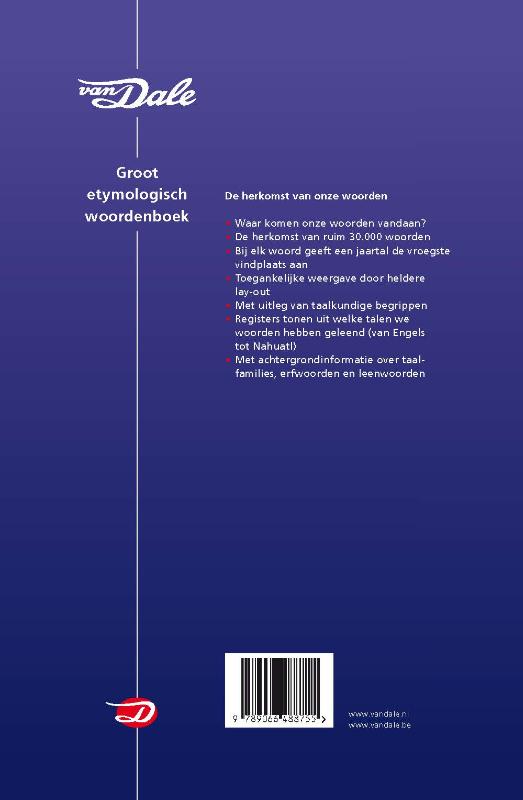 Achterkant van Van Dale Groot etymologisch woordenboek