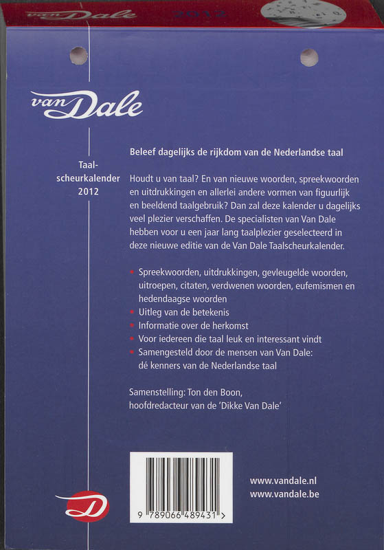 Achterkant van Van Dale Taalscheurkalender 2012