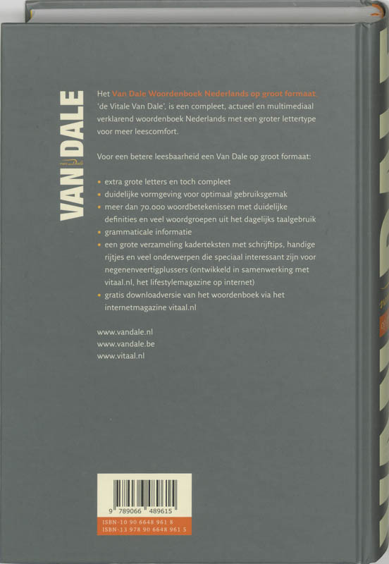 Achterkant van Van Dale Woordenboek Nederlands op groot formaat