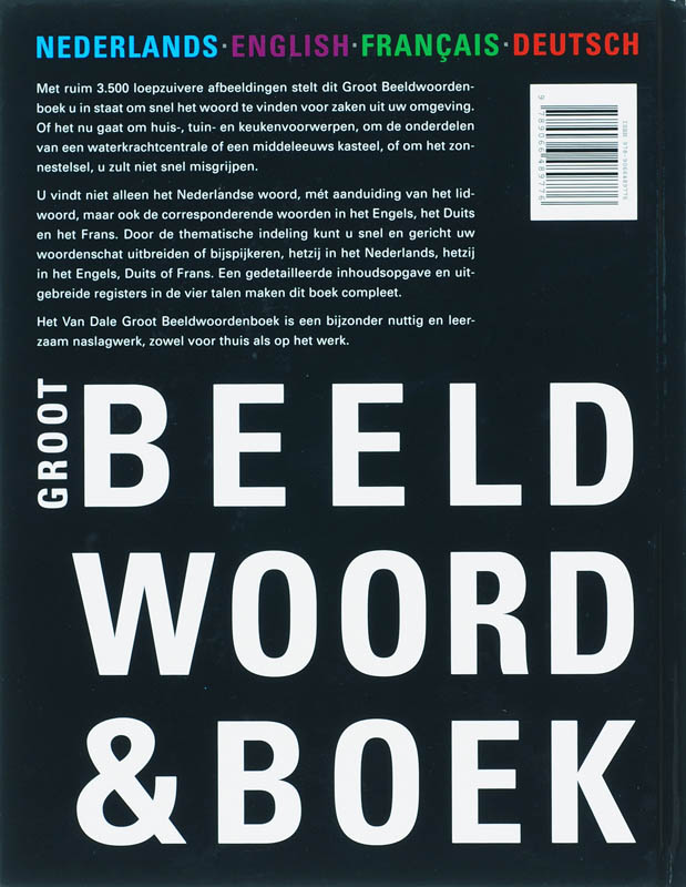 Achterkant van Van Dale Groot Beeldwoordenboek Nederlands english francais deutsch