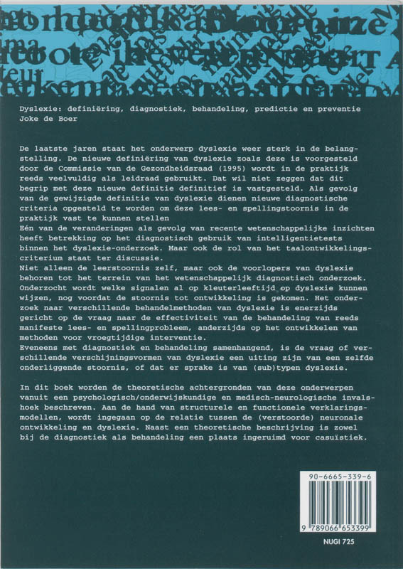 Achterkant van Dyslexie: definiering, diagnostiek, behandeling, predictie en preventie