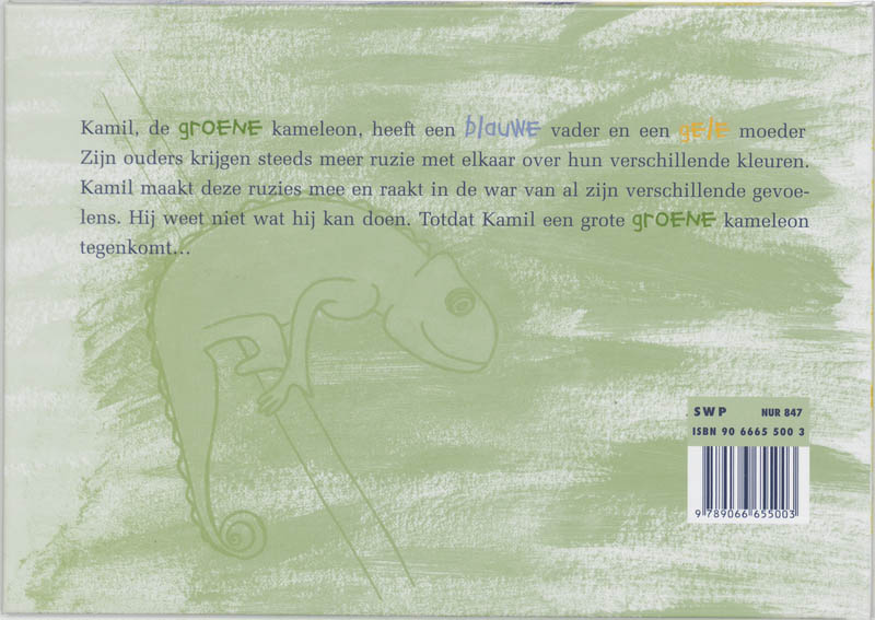 Achterkant van Kamil, de groene kameleon