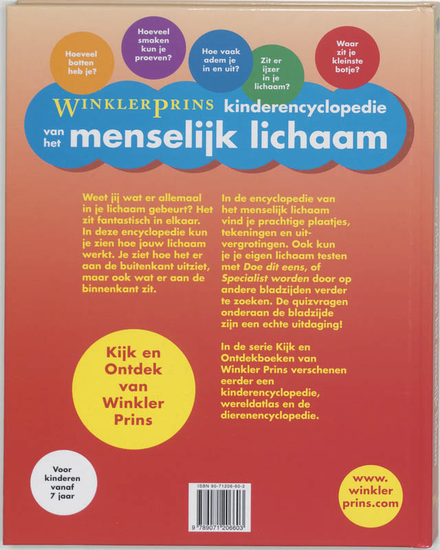 Achterkant van Winkler Prins Kinderencyclopedie van het menselijk lichaam