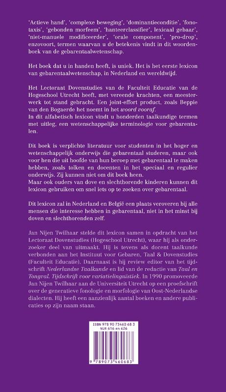 Achterkant van Lexicon van de gebarentaalwetenschap